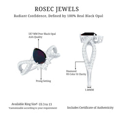 Designer Black Opal Teardrop Crossover Ring with Diamond