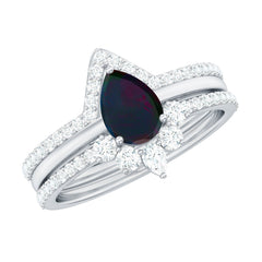 Natural Black Opal Bridal Ring Set With Moissanite