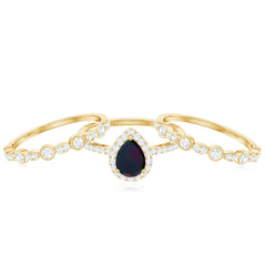 0.7 Carat Pear Cut Black Opal Trio Wedding Ring Set with Moissanite