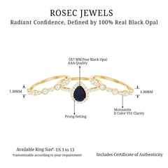 0.7 Carat Pear Cut Black Opal Trio Wedding Ring Set with Moissanite