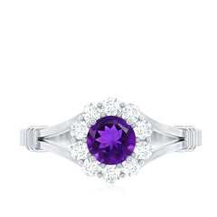 1 CT Amethyst and Diamond Halo Split Shank Ring