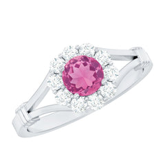 Real Pink Tourmaline and Diamond Engagement Ring in Split Shank
