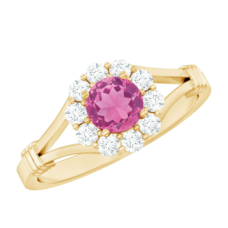Real Pink Tourmaline and Diamond Engagement Ring in Split Shank