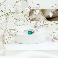 AAA Quality Oval Cut Emerald East West Promise Ring with Diamond Trio