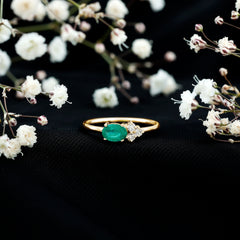 AAA Quality Oval Cut Emerald East West Promise Ring with Diamond Trio