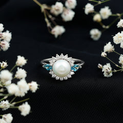 Handpicked Pearl Art Deco Engagement Ring with Topaz and Moissanite