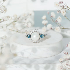 Handpicked Pearl Art Deco Engagement Ring with Topaz and Moissanite