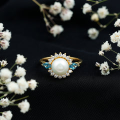 Handpicked Pearl Art Deco Engagement Ring with Topaz and Moissanite