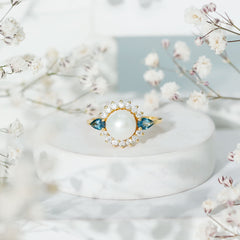 Handpicked Pearl Art Deco Engagement Ring with Topaz and Moissanite