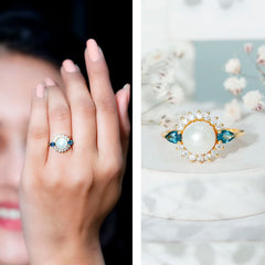 Handpicked Pearl Art Deco Engagement Ring with Topaz and Moissanite