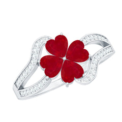 Real 1.8 Carat Ruby Flower Engagement Ring with Diamond Split Shank