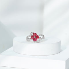 Real 1.8 Carat Ruby Flower Engagement Ring with Diamond Split Shank