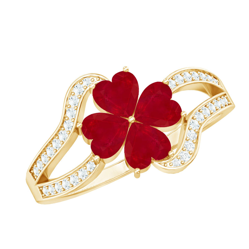 Real 1.8 Carat Ruby Flower Engagement Ring with Diamond Split Shank
