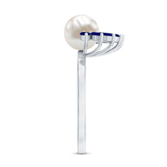 Freshwater Cultured Pearl Floral Inspired Cocktail Ring with Blue Sapphire