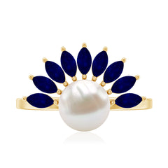 Freshwater Cultured Pearl Floral Inspired Cocktail Ring with Blue Sapphire