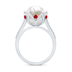 Freshwater Pearl and Created Ruby Cocktail Ring with Moissanite Accent