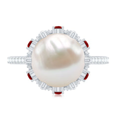 Freshwater Pearl and Created Ruby Cocktail Ring with Moissanite Accent