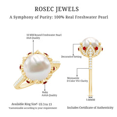 Freshwater Pearl and Created Ruby Cocktail Ring with Moissanite Accent