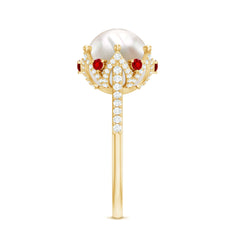 Freshwater Pearl and Created Ruby Cocktail Ring with Moissanite Accent