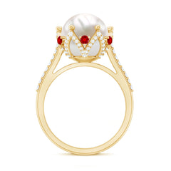 Freshwater Pearl and Created Ruby Cocktail Ring with Moissanite Accent