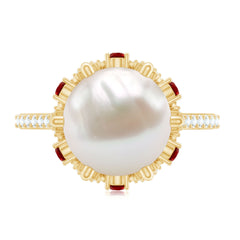 Freshwater Pearl and Created Ruby Cocktail Ring with Moissanite Accent