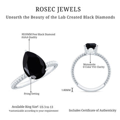 Created Black Diamond and Moissanite Teardrop Ring with Twisted Rope Band