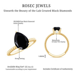 Created Black Diamond and Moissanite Teardrop Ring with Twisted Rope Band