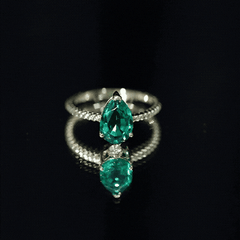 Lab Created Emerald 7X10 mm Pear Shape Engagement Ring With Hidden Moissanite