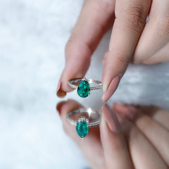 Lab Created Emerald 7X10 mm Pear Shape Engagement Ring With Hidden Moissanite