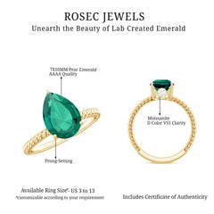 Lab Created Emerald 7X10 mm Pear Shape Engagement Ring With Hidden Moissanite