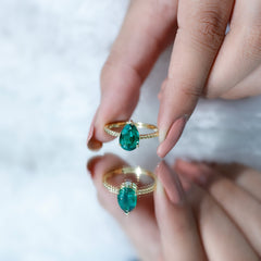 Lab Created Emerald 7X10 mm Pear Shape Engagement Ring With Hidden Moissanite