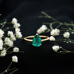 Lab Created Emerald 7X10 mm Pear Shape Engagement Ring With Hidden Moissanite