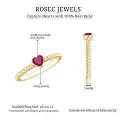 Real Half Carat Ruby Heart Promise Ring with Twisted Rope