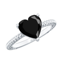 8 MM Heart Shape Created Black Diamond Solitaire Gold Rope Ring