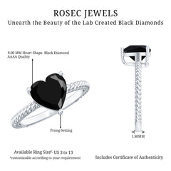 8 MM Heart Shape Created Black Diamond Solitaire Gold Rope Ring