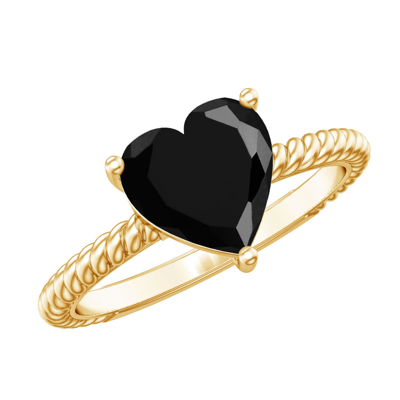 8 MM Heart Shape Created Black Diamond Solitaire Gold Rope Ring