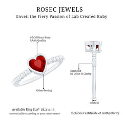 1 CT Heart Shape Created Ruby Solitaire Engagement Ring with Diamond