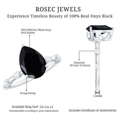 Pear Shape Black Onyx Solitaire Engagement Ring with Diamond