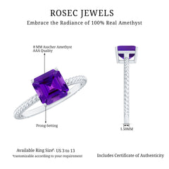 Asscher Cut Amethyst Solitaire Ring with Twisted Rope Details