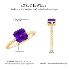 Asscher Cut Amethyst Solitaire Ring with Twisted Rope Details