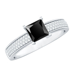 Princess Cut Black Spinel Engagement Ring with Diamond Side Stones