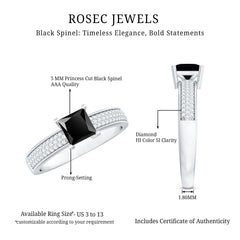 Princess Cut Black Spinel Engagement Ring with Diamond Side Stones