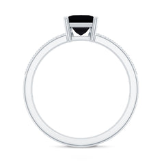 Princess Cut Black Spinel Engagement Ring with Diamond Side Stones