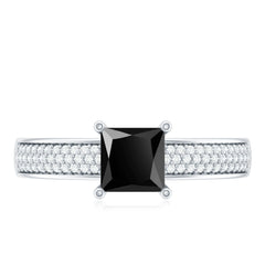 Princess Cut Black Spinel Engagement Ring with Diamond Side Stones