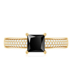 Princess Cut Black Spinel Engagement Ring with Diamond Side Stones