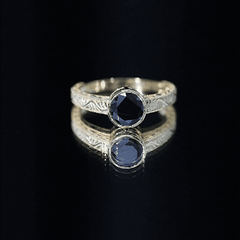 Bezel Set Lab Grown Black Diamond Solitaire Ring with Engraved Detailing