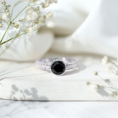 Bezel Set Lab Grown Black Diamond Solitaire Ring with Engraved Detailing