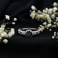 Bezel Set Lab Grown Black Diamond Solitaire Ring with Engraved Detailing