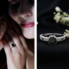 Bezel Set Lab Grown Black Diamond Solitaire Ring with Engraved Detailing