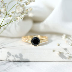 Bezel Set Lab Grown Black Diamond Solitaire Ring with Engraved Detailing